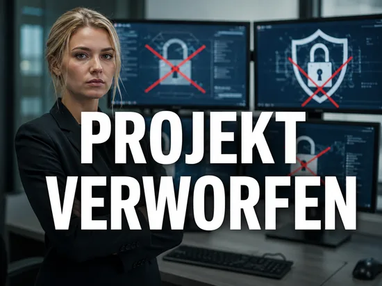 Ernste Geschäftsfrau vor Monitoren mit durchgestrichenen Sicherheitssymbolen, Symbolbild für das verworfene IT-Sicherheitsprojekt von Microsoft