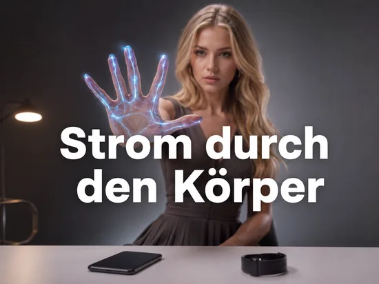 Ausgestreckte Hand mit leuchtenden blauen Energielinien an den Fingerspitzen, dahinter Smartphone und Smartwatch, eine Frau