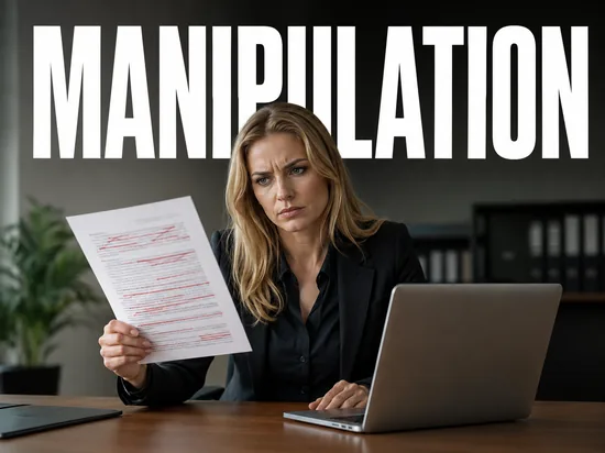 Kritische blonde Geschaeftsfrau am Schreibtisch mit einem manipulierten Dokument voller roter Streichungen und Laptop, Symbolbild Manipulation eines offiziellen Dokuments