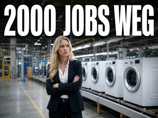 Besorgte blonde Frau in einer Hausgeraete-Fabrik, Symbolbild Stellenabbau