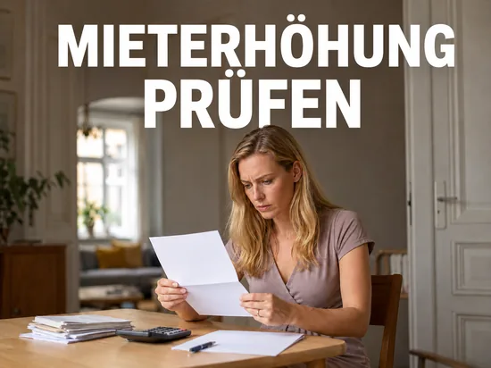 Frau prüft am Küchentisch ein Mieterhöhungsschreiben, daneben Taschenrechner und Unterlagen