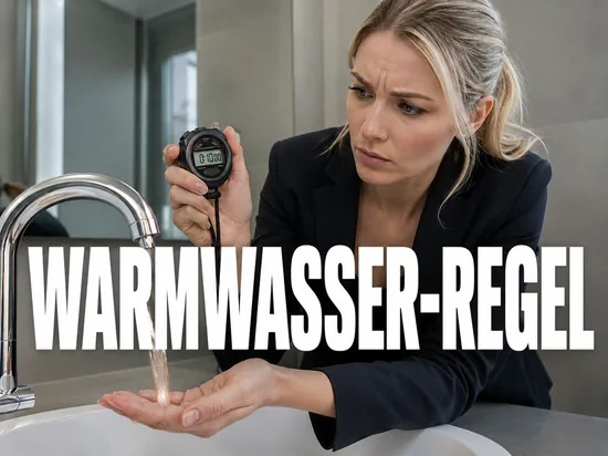 Prüfende Geschäftsfrau hält eine Stoppuhr unter fließendes warmes Wasser aus einem Wasserhahn, Symbolbild dafür dass Warmwasser binnen zehn Sekunden aus dem Hahn fließen muss