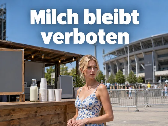Frau steht an einem Getränkestand vor einem Stadion, auf dem Tresen eine Milchflasche
