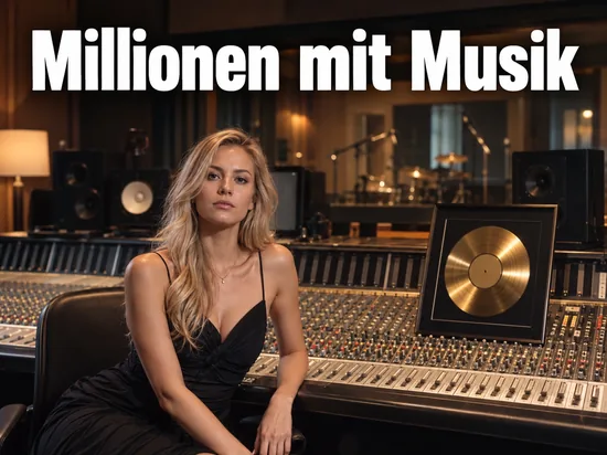 Frau sitzt an einem Tonstudio-Mischpult neben einer goldenen Schallplatte