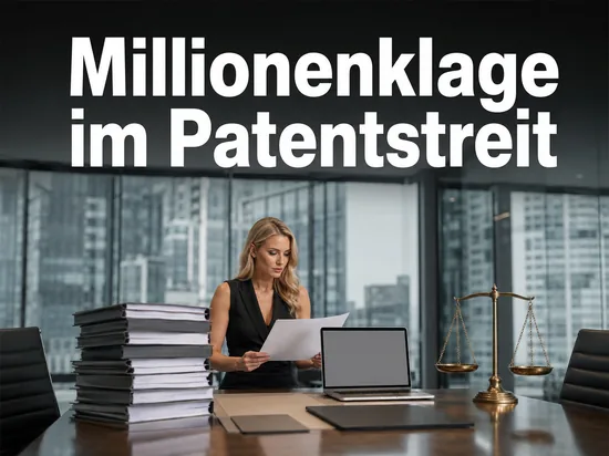 Konferenztisch einer Kanzlei mit Schriftsatzstapel, Laptop und Messingwaage