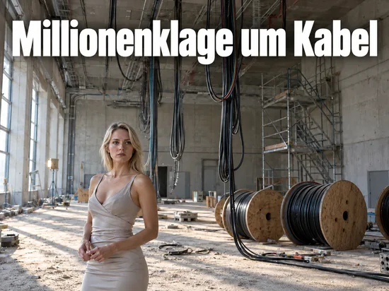 Frau steht im Rohbau einer Studiohalle zwischen Kabeltrommeln