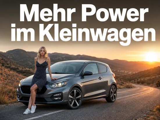 Sportlicher Kleinwagen auf einer kurvigen Landstraße im Abendlicht