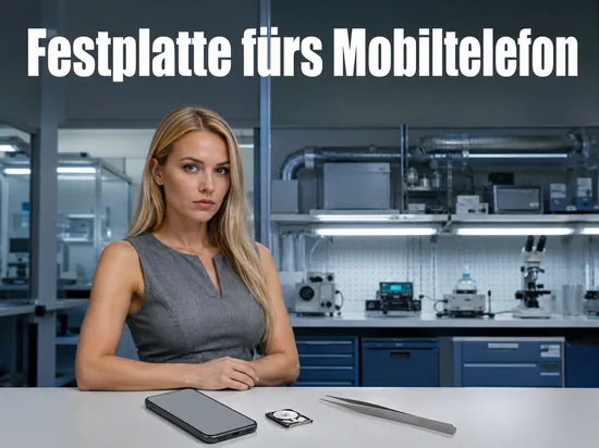 Frau im Labor mit Smartphone und einer Miniatur-Festplatte