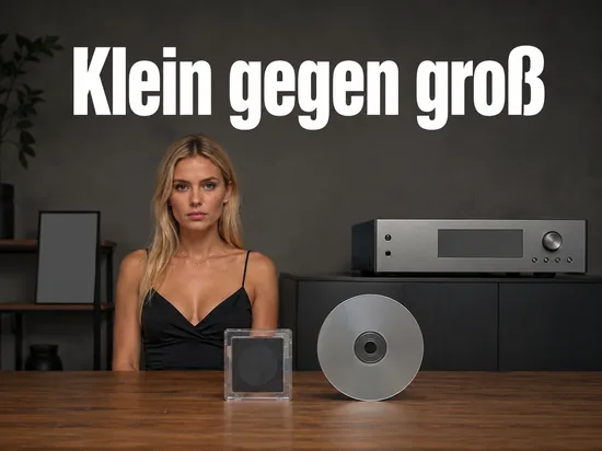Frau am Tisch mit einer Mini-Disc in Hülle neben einer normalen CD
