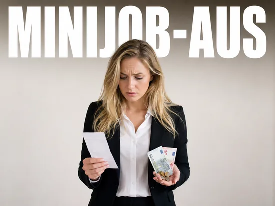 Besorgte blonde Frau mit Lohnabrechnung, Symbolbild Aus fuer Minijobs