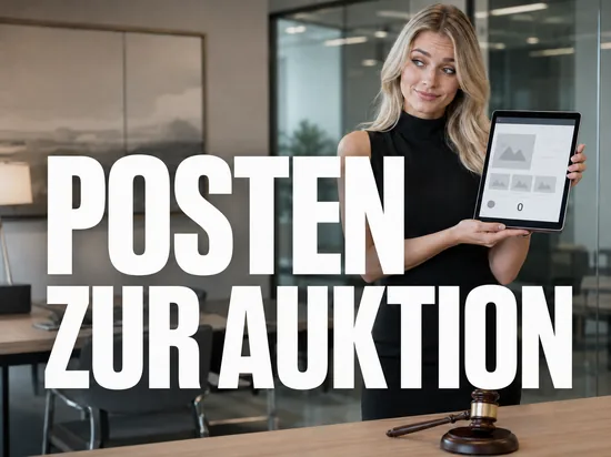 Blonde Geschaeftsfrau zeigt Tablet mit Auktionsseite ohne Gebote neben Auktionshammer, Schriftzug Posten zur Auktion