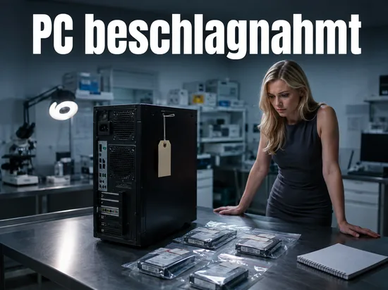 Frau in der Kriminaltechnik vor einem beschlagnahmten Computer mit Asservatentueten: PC nach Anzeige beschlagnahmt