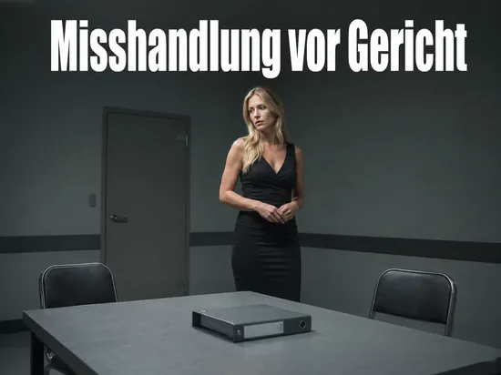 Frau in einem leeren Vernehmungsraum mit Aktenordner: Misshandlungsfall vor Gericht