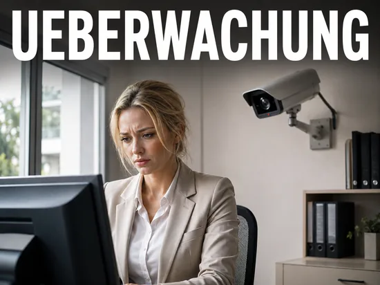 Unbehagliche blonde Frau am Buero-Computer mit auf ihren Bildschirm gerichteter Ueberwachungskamera, Symbolbild Ueberwachung des Surfverhaltens von Mitarbeitern