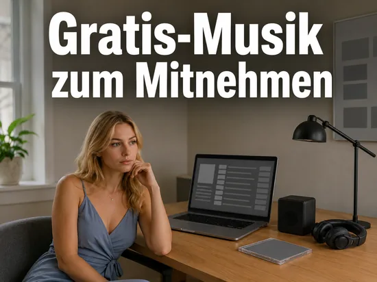 Laptop mit leerer Playlist, Lautsprecher und Kopfhoerern als Symbol fuer kostenlose MP3-Musik