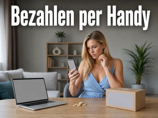 Frau mit Handy am Wohnzimmertisch neben Laptop, Münzen und Paket, Schriftzug Bezahlen per Handy