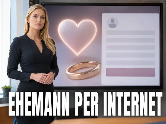 Blonde Geschäftsfrau vor einem Bildschirm mit Kontaktanzeigen-Formular, Herz-Symbol und Ehering als Symbol für die Partnersuche im Internet