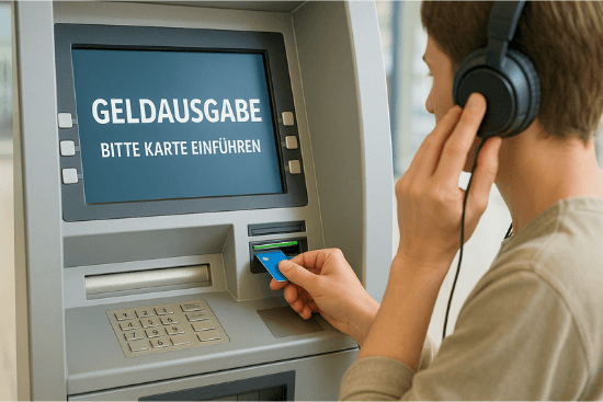 Eine Person hebt an einem modernen Geldautomaten Geld ab, hält Kopfhörer ans Ohr und steckt eine Bankkarte in den Automaten. Der Bildschirm zeigt große Schrift.