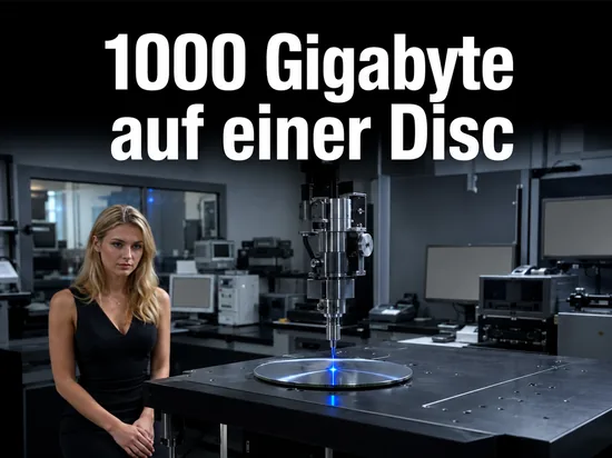 Blonde Frau in einem Labor an einem Messtisch mit einer silbernen Disc unter einem Laser-Messkopf