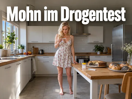 Frau in einer hellen Küche betrachtet einen Teststreifen, auf dem Tisch Mohnkuchen, Mohnbrötchen und ein Probenbecher, darüber der Schriftzug Mohn im Drogentest