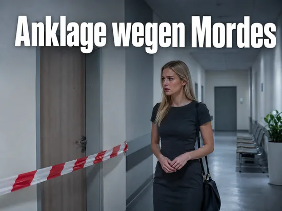 Frau in einem Praxisflur vor abgesperrter Tuer: Anklage wegen Mordes an einem Zahnarzt