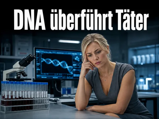 Frau in einem kriminaltechnischen Labor mit Probenroehrchen und DNA-Diagramm: DNA-Spur ueberfuehrt den Taeter
