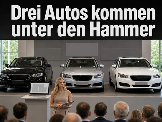 Drei Limousinen in einer Ausstellungshalle vor Publikum als Symbol fuer eine Autoversteigerung