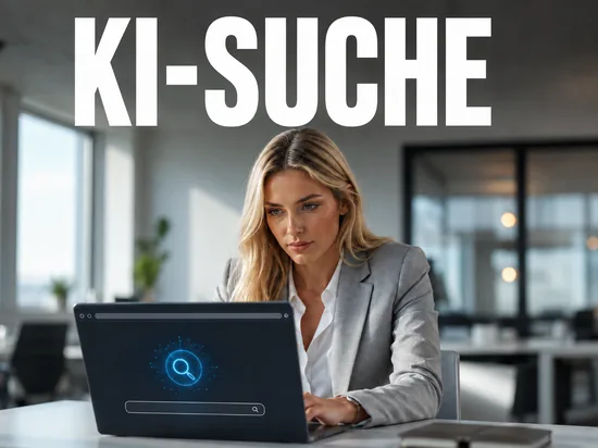 Blonde Geschaeftsfrau am Laptop mit KI-Suchsymbol in der Browserleiste, Schriftzug KI-Suche