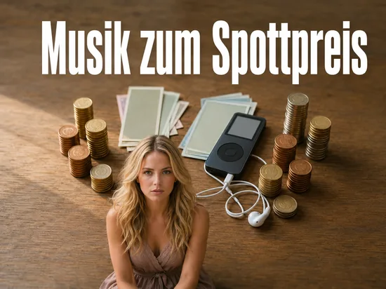 MP3-Player mit Ohrhoerern zwischen Muenzstapeln auf einem Holztisch