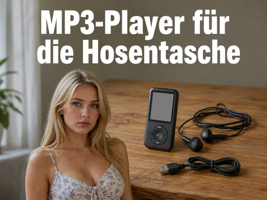 Frau am Tisch mit einem MP3-Player, Kopfhörern und USB-Kabel