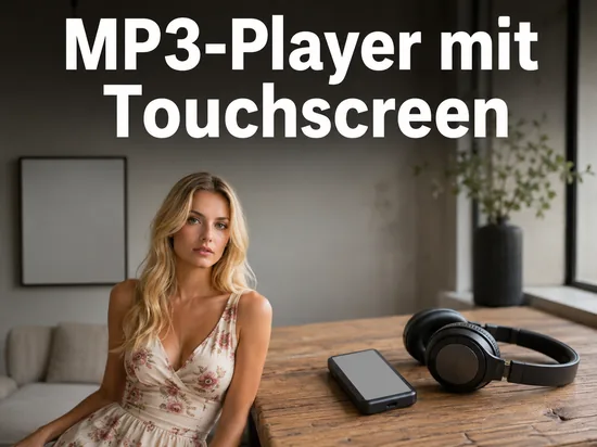 Frau am Tisch mit MP3-Player und Kopfhörern