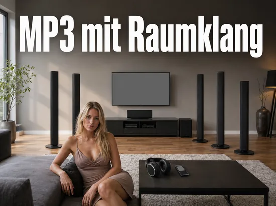 Blonde Frau im Wohnzimmer mit Surround-Lautsprechern, Kopfhörer und MP3-Player auf dem Couchtisch