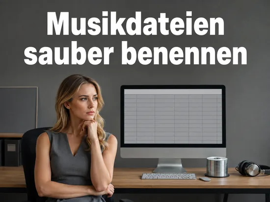 Monitor mit leerer Tabelle, CD-Stapel und Kopfhoerern als Symbol fuer das Benennen von Musikdateien
