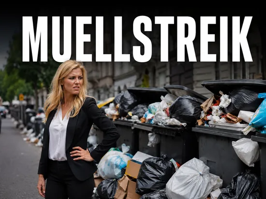 Genervte blonde Frau vor ueberquellenden Muelltonnen an einer Strasse, Symbolbild Muellstreik der Entsorgungsbetriebe