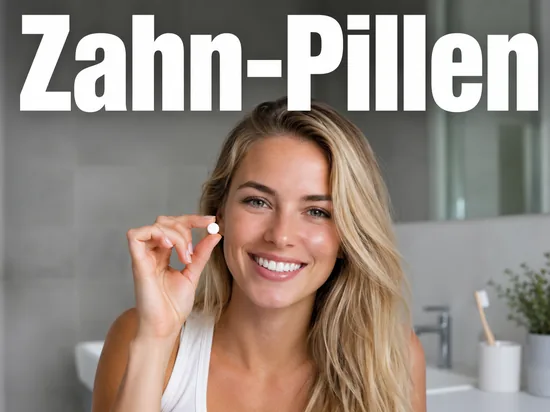 Junge blonde Frau mit strahlendem Laecheln haelt eine kleine Zahnpflege-Pille als Alternative zur Zahnpasta