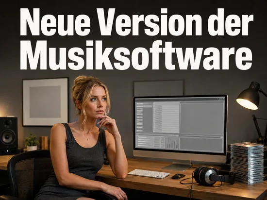 Monitor mit leerer Musikverwaltung, CD-Stapel und Kopfhoerern als Symbol fuer eine neue Version der Musiksoftware
