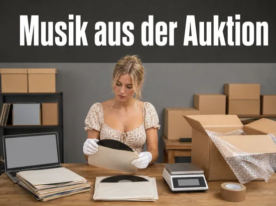 Versandtisch mit Laptop, Schallplatten und einem Versandkarton