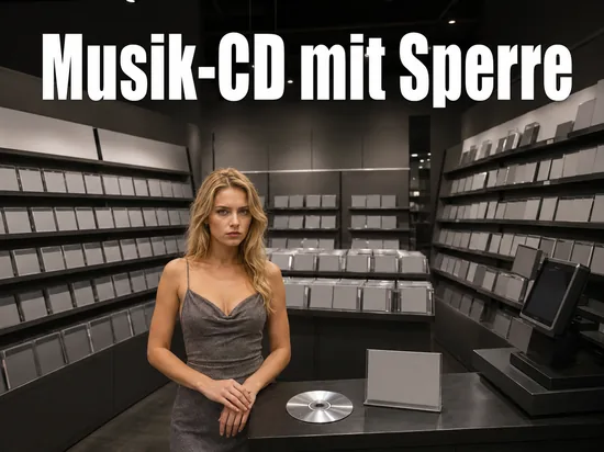Blonde Frau in einem Plattenladen vor Regalen mit CD-Hüllen ohne Aufdruck, auf der Theke eine silberne CD