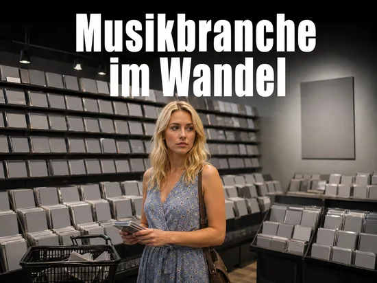 Musikgeschaeft mit Regalen voller CD-Huellen und einem Einkaufskorb