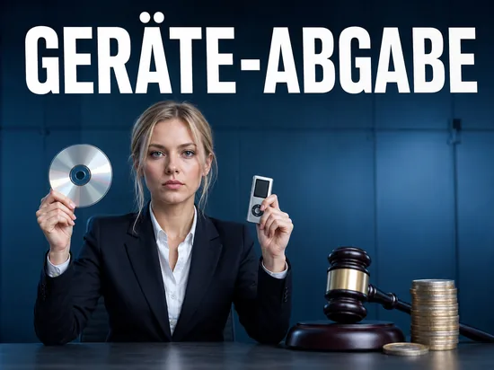 Musikindustrie fordert Abgabe auf Geräte, Geschäftsfrau mit CD und MP3-Player vor Richterhammer und Euro-Münzen