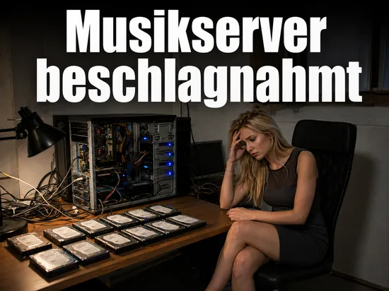 Frau vor einem geoeffneten Server mit ausgebauten Festplatten: illegaler Musikserver beschlagnahmt