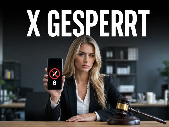 Blonde Geschaeftsfrau haelt ernst ein Smartphone mit gesperrter App und Verbotssymbol, daneben ein Richterhammer, Schriftzug X gesperrt