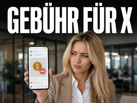 Blonde Geschaeftsfrau haelt skeptisch ein Smartphone mit Social-Media-Feed und Gebuehrensymbol, Schriftzug Gebuehr fuer X