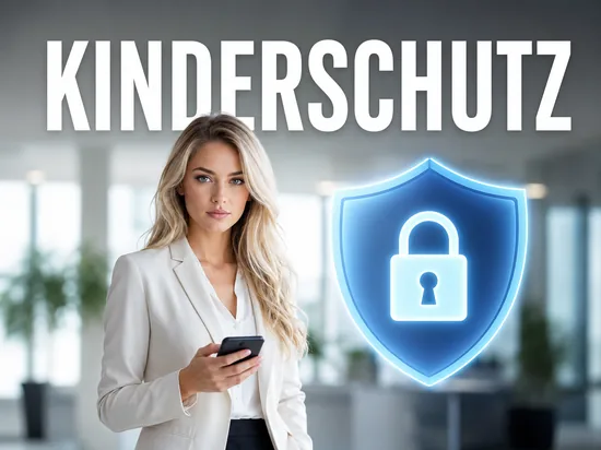 Blonde Geschaeftsfrau mit Smartphone und grossem blauen Schutzschild-Symbol fuer Online-Sicherheit, Schriftzug Kinderschutz