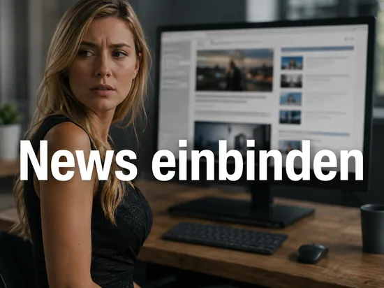 Frau vor einem Monitor mit einer Website und einer eingebundenen News-Box