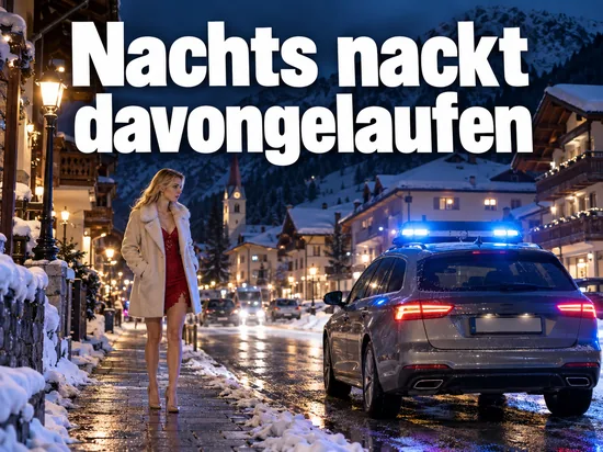 Frau im Mantel auf einer verschneiten Straße eines Alpenorts neben einem Polizeiauto mit Blaulicht