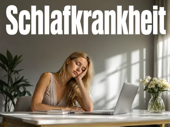 Junge blonde Frau ist am Schreibtisch ploetzlich eingeschlafen als Symbol fuer die Schlafkrankheit Narkolepsie