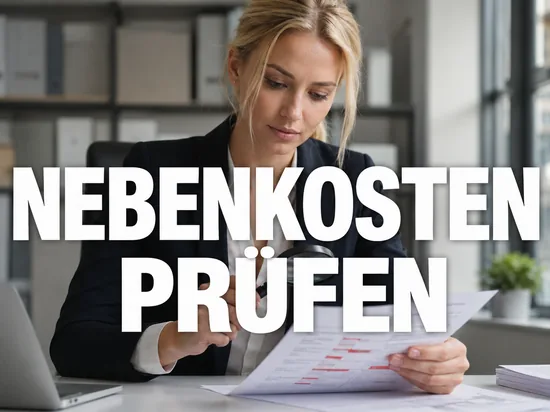 Konzentrierte Geschäftsfrau prüft mit einer Lupe eine Nebenkostenabrechnung mit rot markierten Posten, Symbolbild für fehlerhafte Nebenkostenabrechnungen