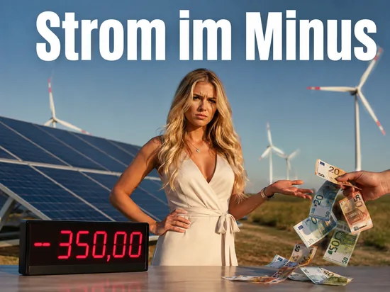 Solarpark und Windraeder mit einer Anzeigetafel mit negativem Strompreis und verteiltem Geld, davor eine Frau mit irritiertem Blick