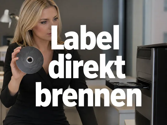 Geschaeftsfrau haelt eine Disc mit eingebranntem Muster neben einem geoeffneten Laufwerk als Symbol fuer das Beschriften von Rohlingen im Brenner